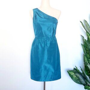 𝅺J. Crew Turquoise 100% Silk One Shoulder Sleeveless Pencil Mini Dress Size 4